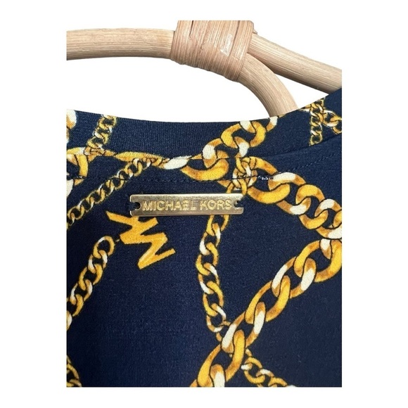 Michael Kors Split Neck Navy Gold Chain Top with Tulip Sleeve Size SP Casual - Picture 7 of 15